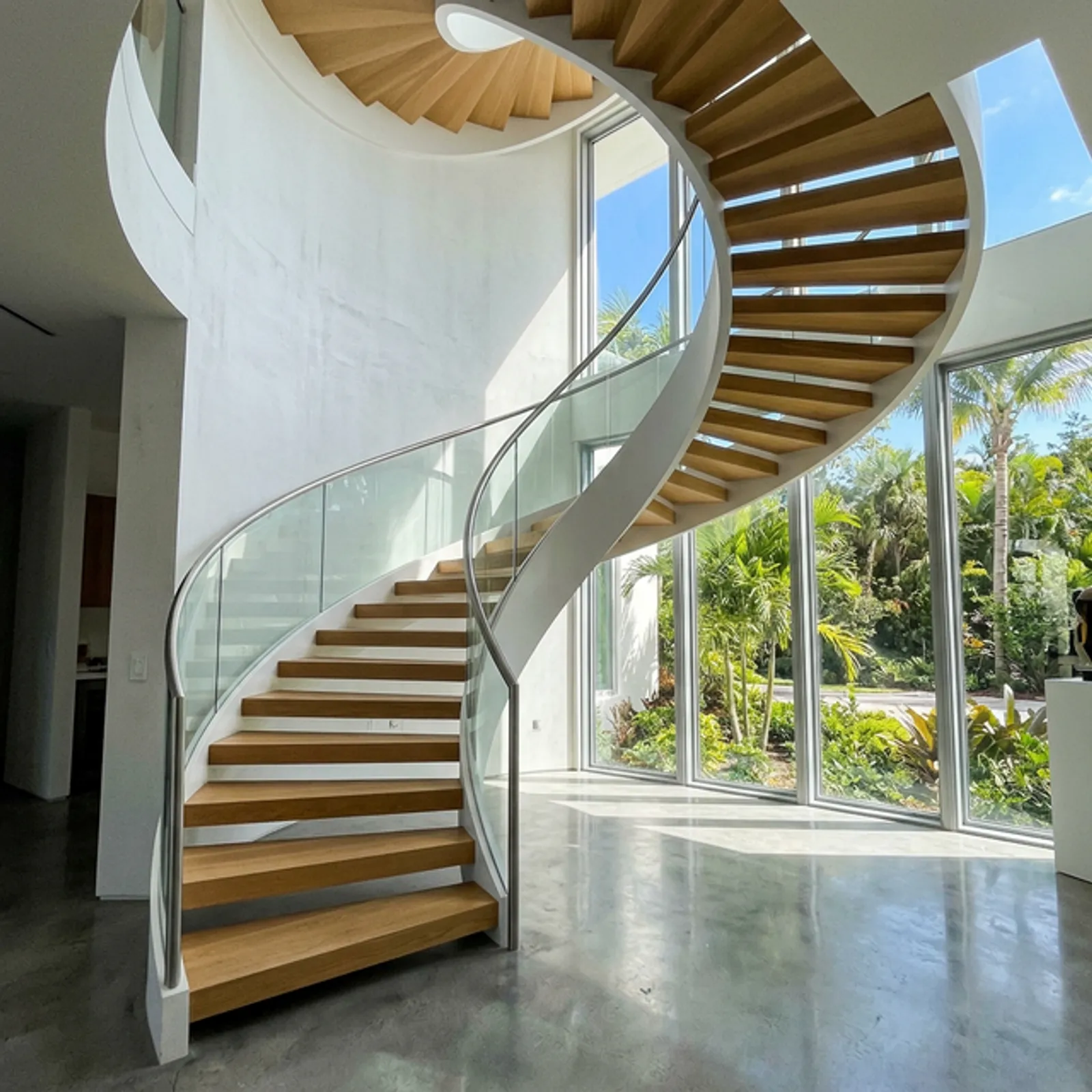 Custom curved cantilevered floating staircase in a Nassau County interior